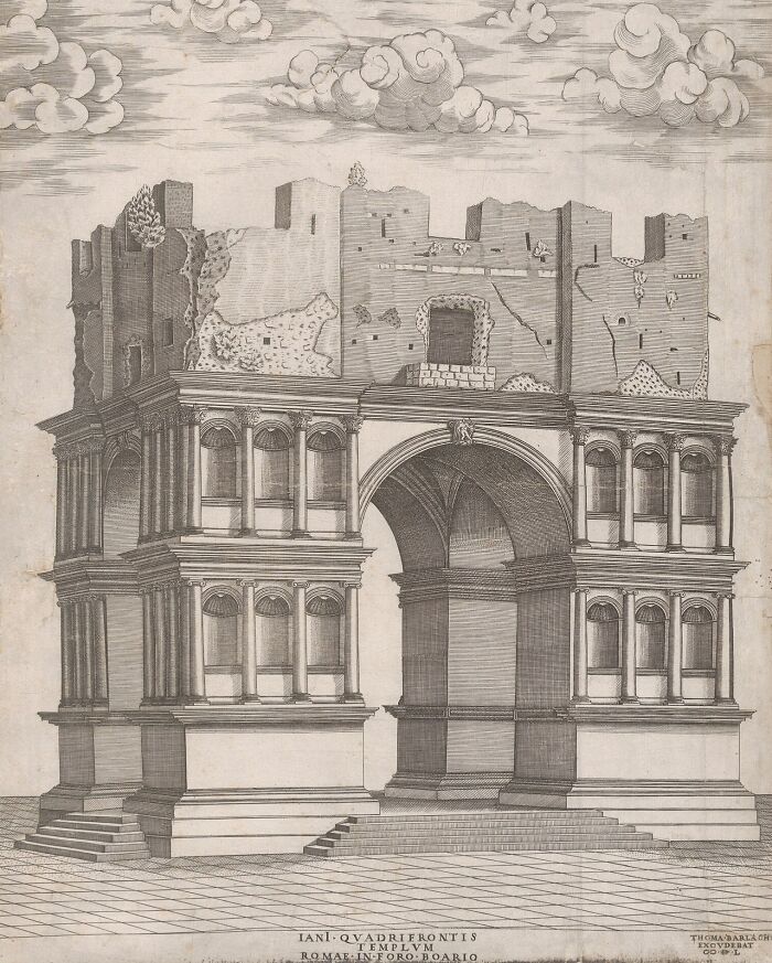 Ancient Roman architecture illustration displaying grandiose arch and detailed columns under a cloudy sky.