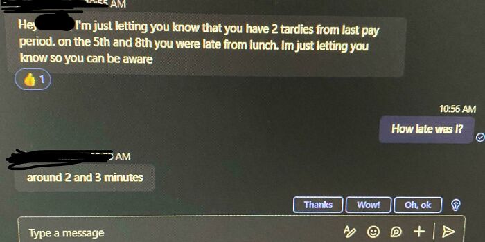 Chat exchange with a boss highlighting two tardies for being late by a few minutes after lunch.