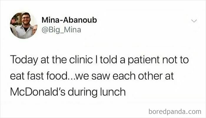 A meme humorously depicts a medical school experience with a doctor and patient meeting at McDonald's.