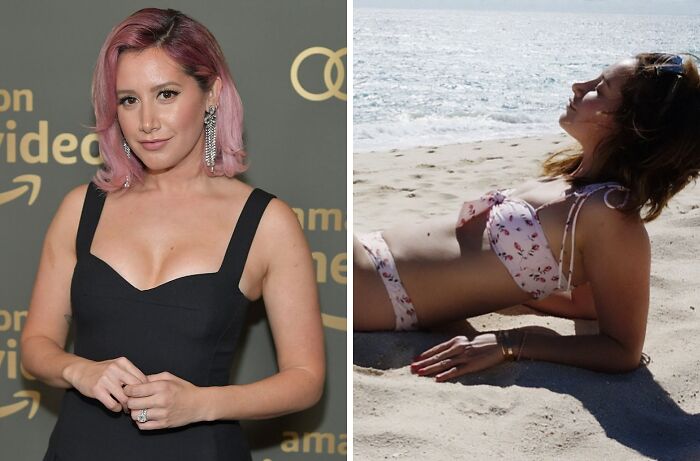Celebrities with breast implants removed, posing in a black dress and bikini, beach background.