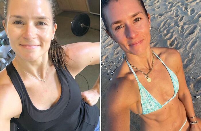Two photos of a woman, indoors in a gym and outdoors on a beach, showcasing breast implant removal.