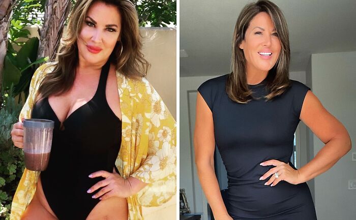 Celebrity in side-by-side photos before and after breast implant removal, wearing black outfits.