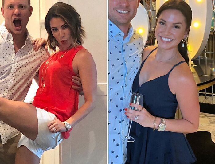 Side-by-side photos of a celebrity with breast implants removed, wearing casual and formal outfits.