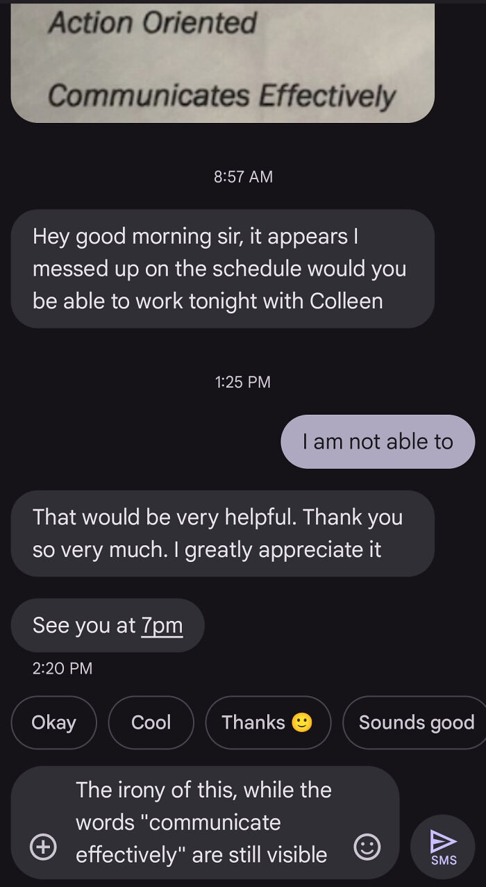 Text exchange highlighting communication irony with a difficult boss request.