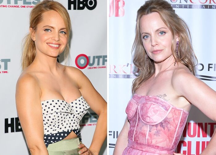 "Side-by-side photos of a celebrity before and after breast implant removal, showing wardrobe changes."