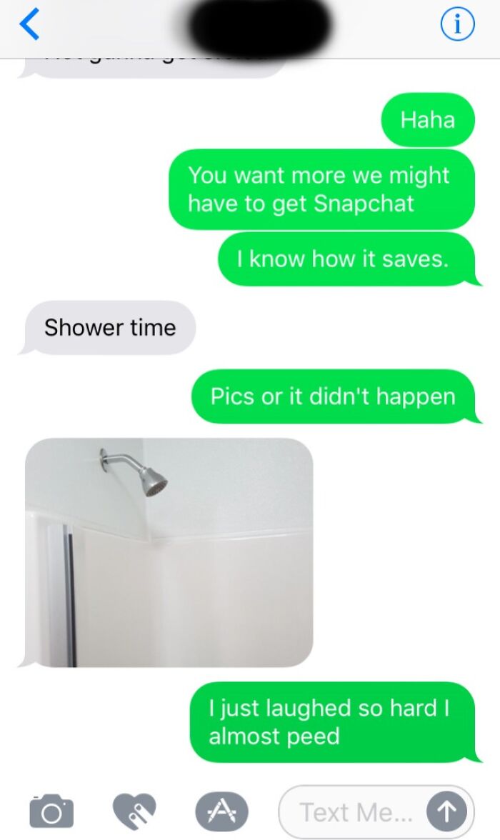 Funny text exchange about shower, ending with laughter.