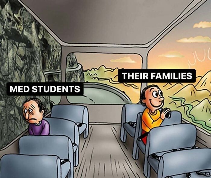 Medical school meme with med students looking distressed and their families appearing happy on a bus ride.