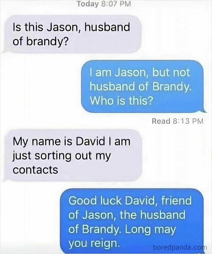 Text conversation showcasing fluent sarcasm in a humorous misunderstanding about someone's identity.