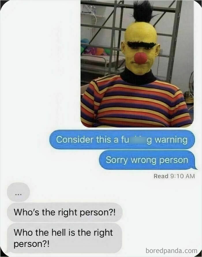 Person in colorful shirt with a yellow mask and red nose, next to sarcastic text message exchange.
