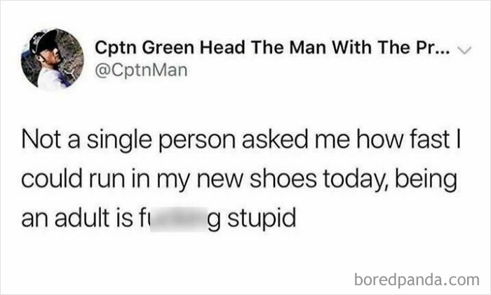 Tweet with sarcasm about adulting frustrations and new shoes, showcasing a relatable and funny meme.