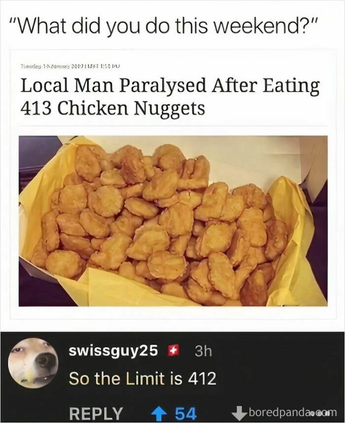 Box of chicken nuggets with a funny caption about eating too many, illustrating a sarcastic take on weekend activities.