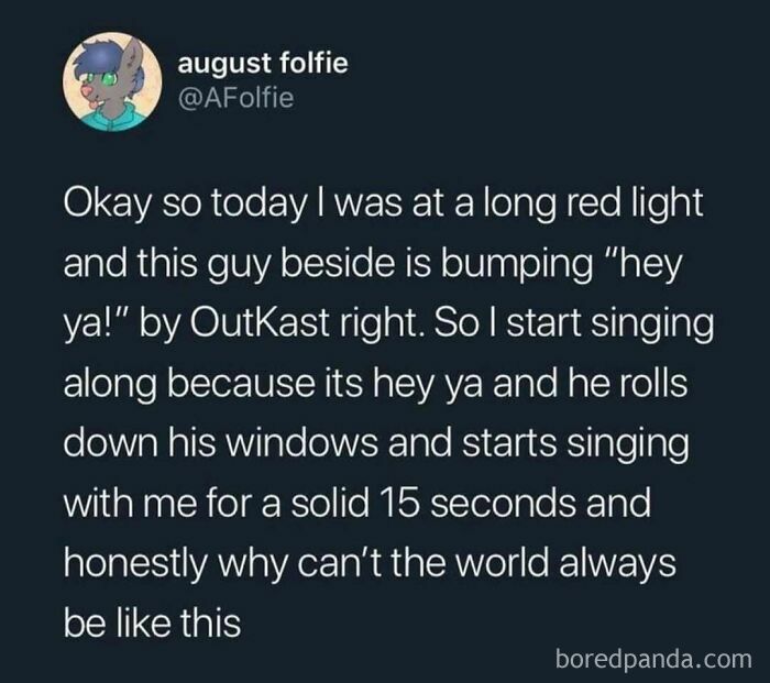 A tweet showcases a humorous millennial moment with two strangers singing "Hey Ya!" by OutKast at a traffic light.