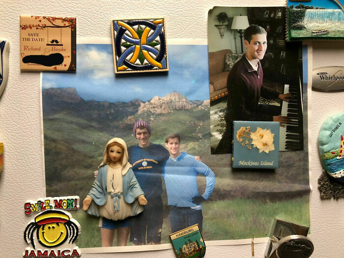 Funny elderly-themed refrigerator magnets and photos create a humorous collage.