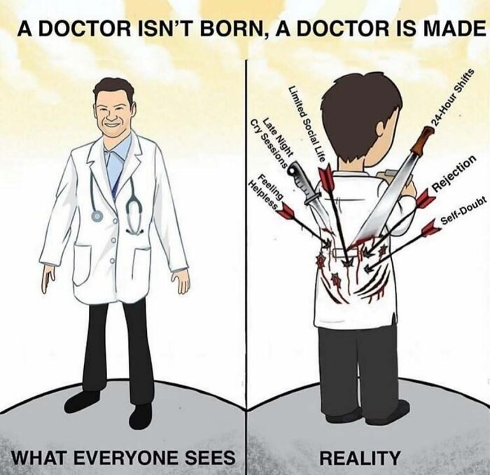 Medical school meme showing public perception vs. reality with doctor image and stress labels.