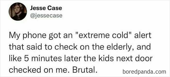 Millennials humor meme about receiving an extreme cold alert and being checked on by kids.