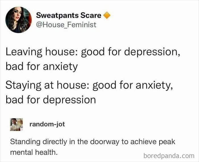 Text meme highlighting mental health balance, relatable for the avocado generation.