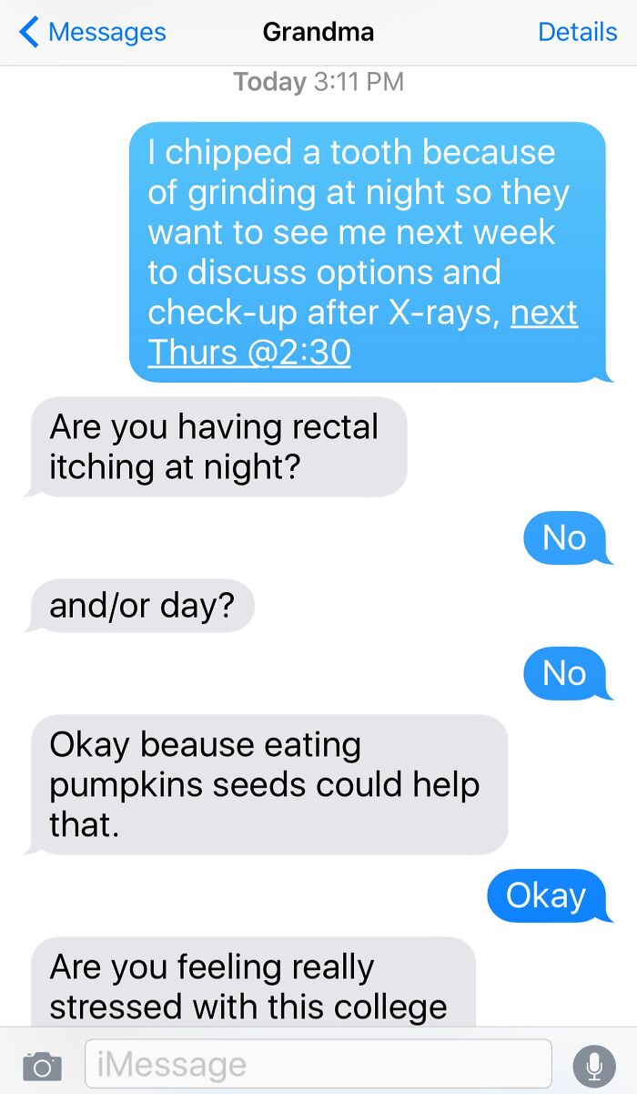 Hilarious text exchange showing humorous advice from a grandparent.