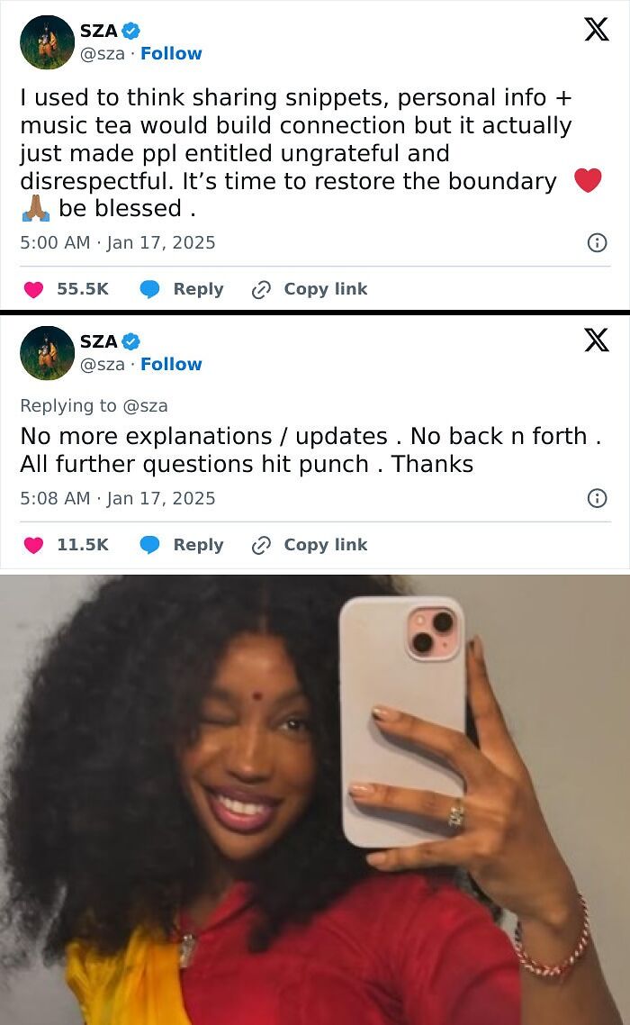 Celebrity SZA claps back at fans with a graceful response, maintaining her boundaries.
