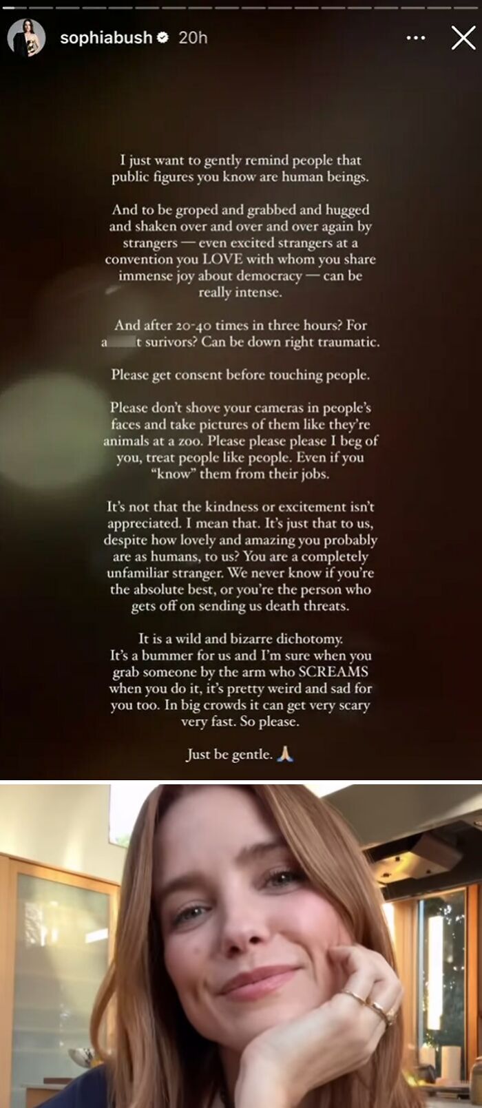 Celebrity calmly addresses personal boundaries with fans, emphasizing respect and gentle behavior.