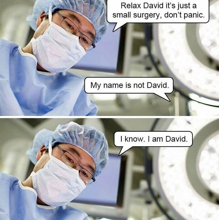Medical student in surgical attire humorously confusing names during surgery conversation.