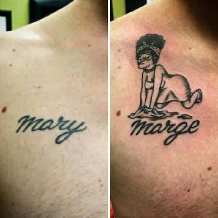 Two tattoos on a chest: one of a name "Mary" and a funny Simpson character with "Marge" script.