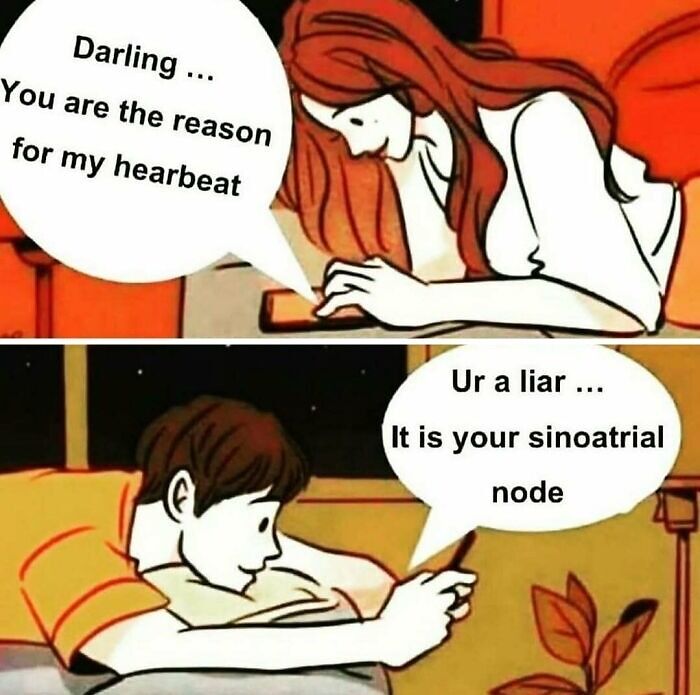 Cartoon couple joking about heartbeat and sinoatrial node, a funny take on medical school knowledge.