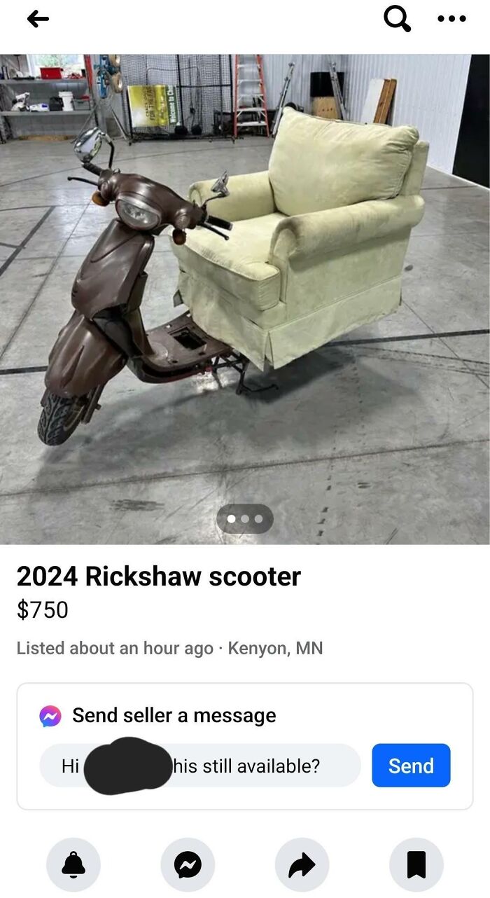 Scooter with an armchair attached, illustrating a failed repair attempt in a garage setting.