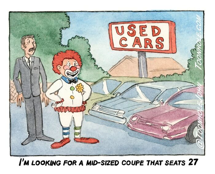 Clown at used car lot with salesperson, looking for a coupe with unexpected twist humor.