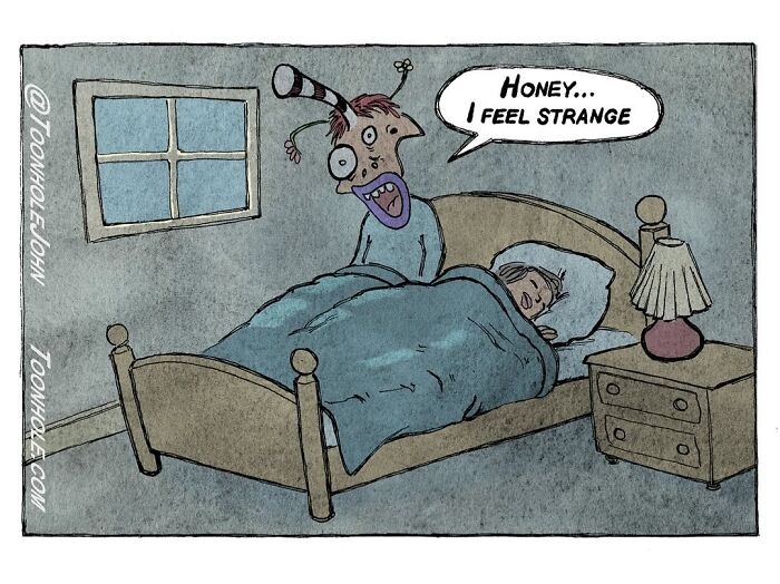 A bizarre transformation in bed with dark twists in Toonhole John's comic.