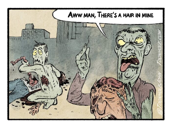 Zombie comic with dark twist by Toonhole John, zombie upset about a hair in his meal.
