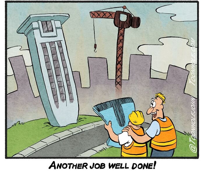 Construction workers happily admire a leaning building with a crane in the background, depicting dark twists in Toonhole comics.