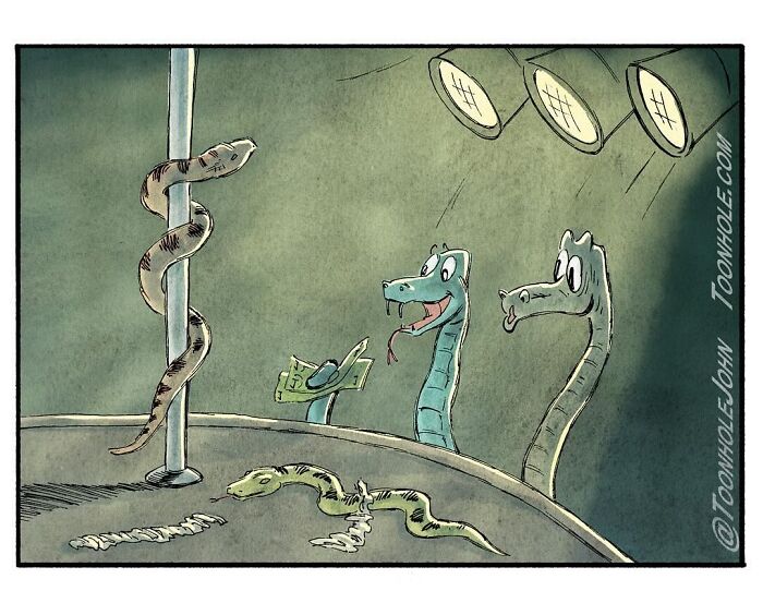 Snakes watching a pole-dancing snake, illustrating dark and unexpected twists by Toonhole John.