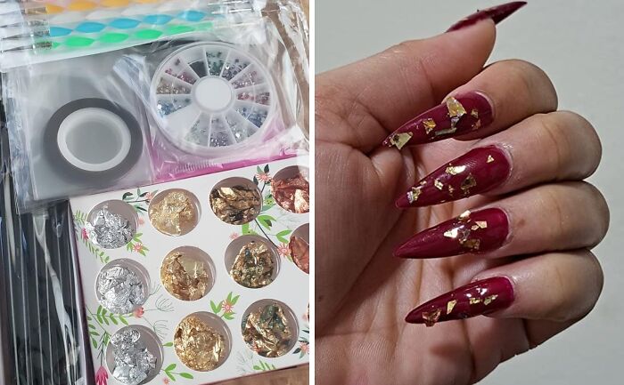 Nail art supplies with glittery foil accents and a hand showing long, colorful nails adorned with glitter.