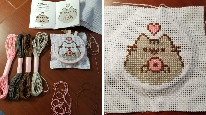 Cross-stitch pattern of a cat with heart, featuring colorful threads, perfect for those who dream in color.