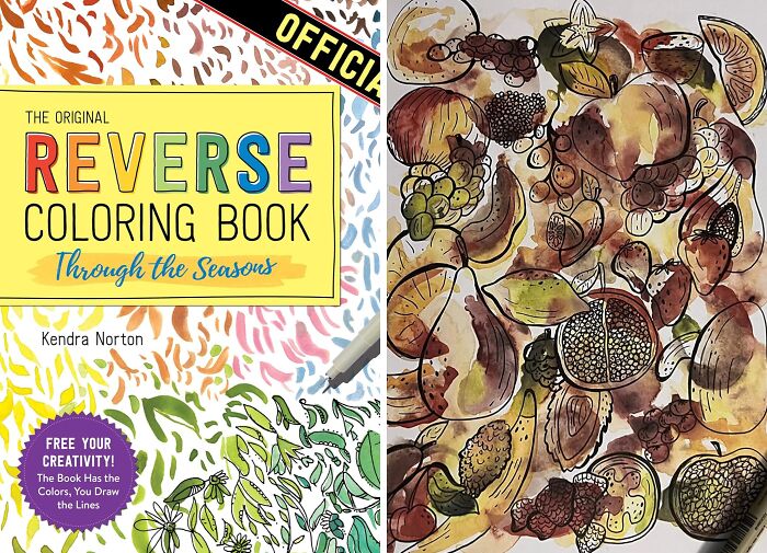 Reverse coloring book with vibrant fruit illustrations, blending art and color creativity.