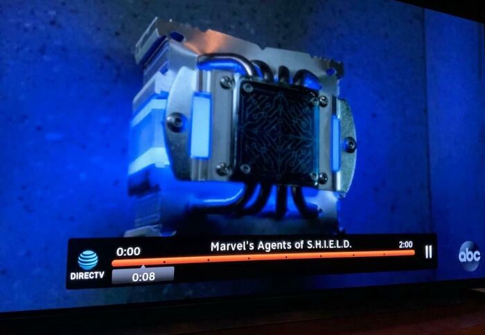 Creative filmmakers' prop in "Agents of S.H.I.E.L.D." episode, featuring a futuristic device with glowing blue elements.