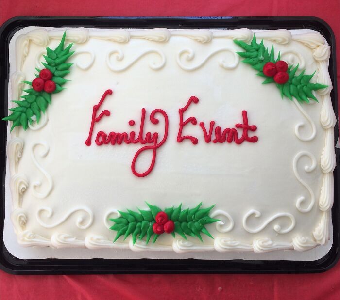 Cake with "Family Event" icing, decorated with holly, showcasing elderly people's humor.