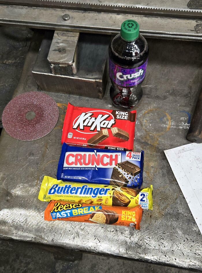 Funny coworkers stockpile candy bars and soda on a workbench.
