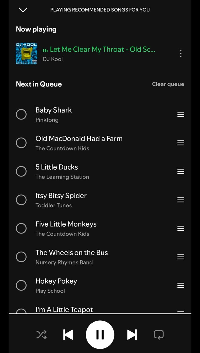 Funny coworkers' playlist showing DJ Kool and children's songs queuing.