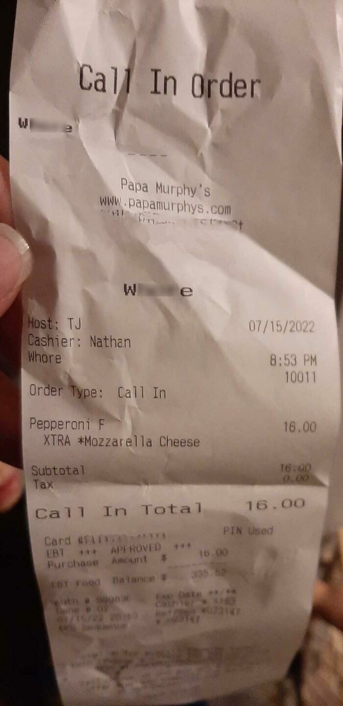 Crinkled receipt from a call-in pizza order at Papa Murphy's showing humorous error, trending online in frustration posts.