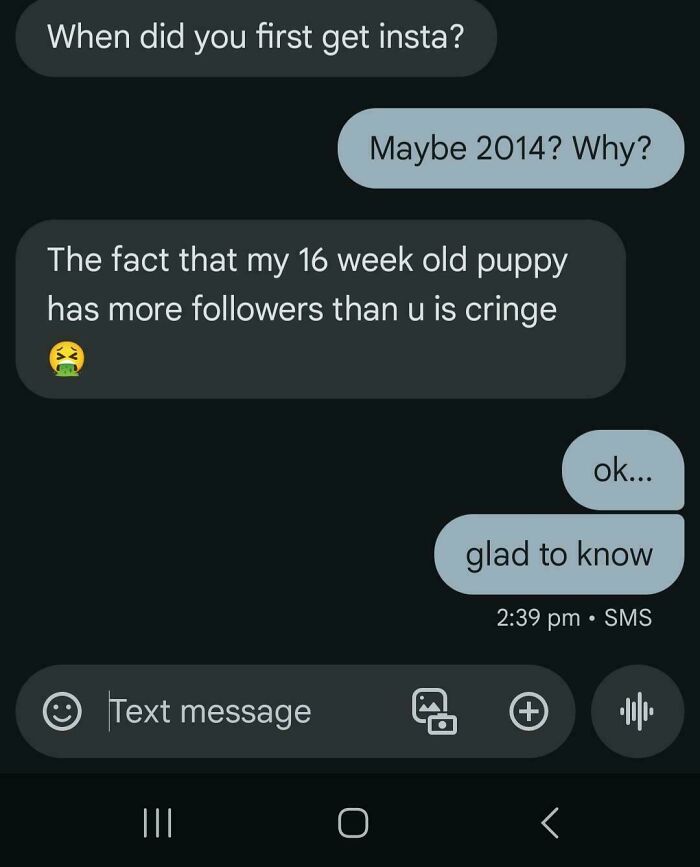 Text exchange showing someone upset about puppy having more followers; reflects online frustrations.