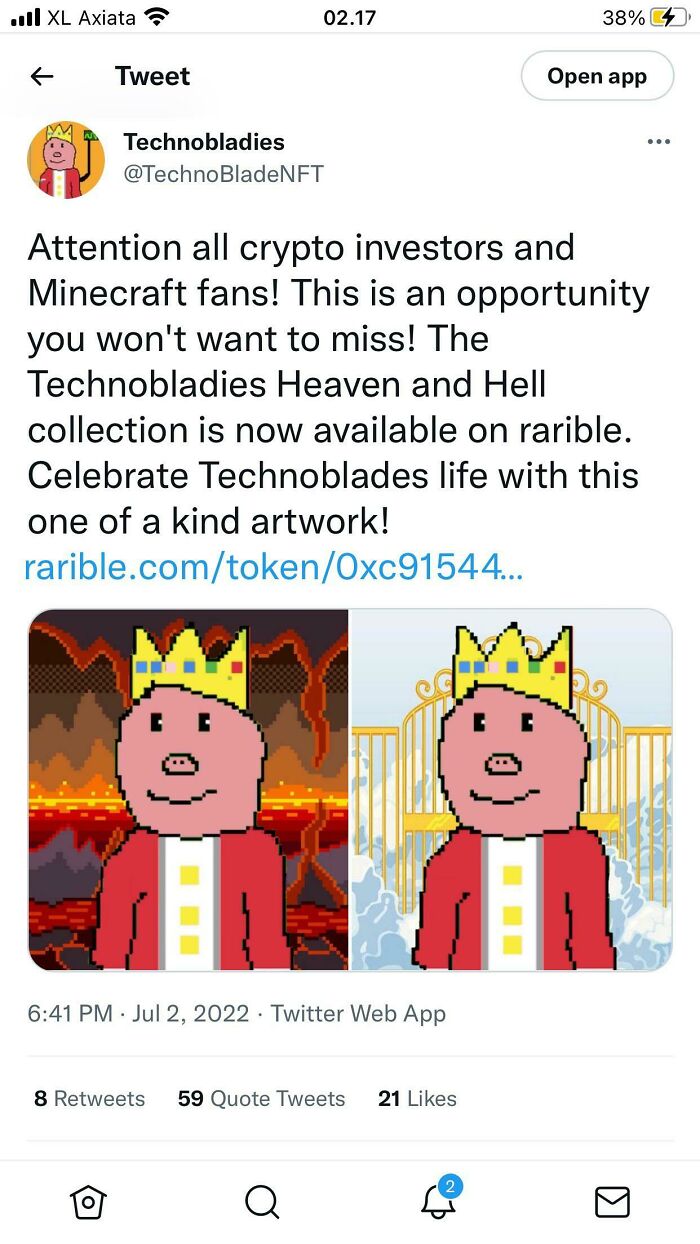 Technoblades Heaven and Hell NFTs advertised in a tweet for crypto and Minecraft enthusiasts.
