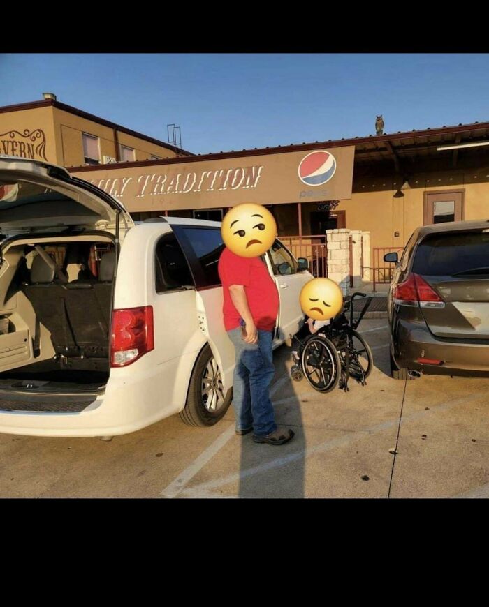 Man in red shirt at parking lot with wheelchair, appearing upset, as part of online expressions of anger.