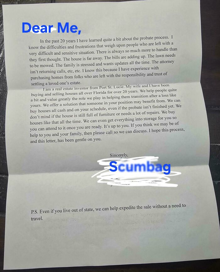 Letter showing anger, titled "Dear Me" and ending with "S*****g," expressing frustration over probate process.