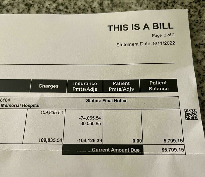 Hospital bill showing charges, adjustments, and final notice for a current amount due of $5,709.15.