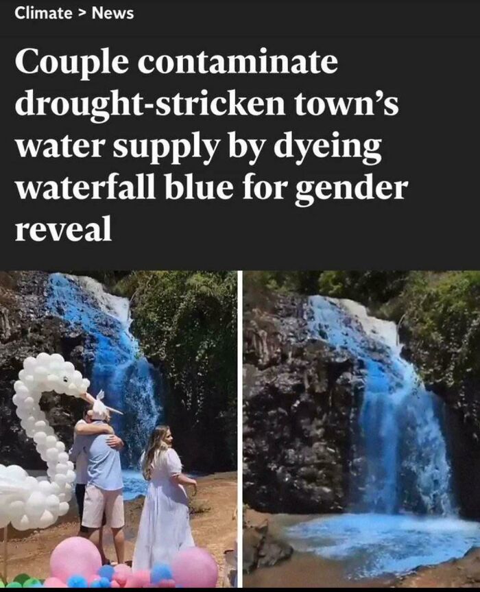 Couple dyes waterfall blue for gender reveal, angering locals in drought-hit town.