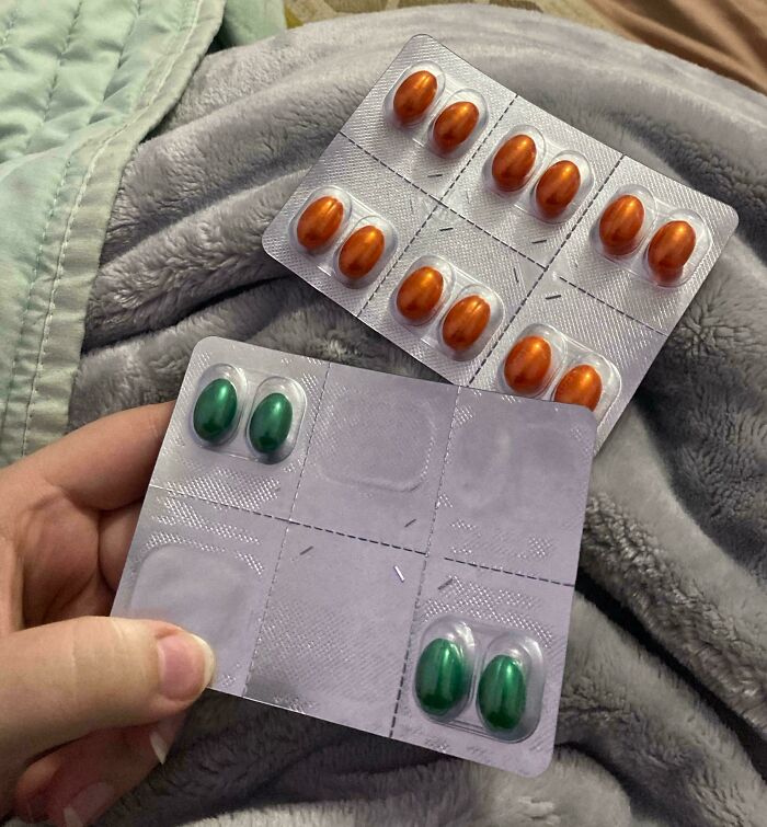 Blister packs with orange and green pills highlighting an online post about frustration.