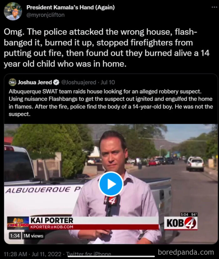 News broadcast about a police raid error resulting in a tragic fire incident, featuring a reporter in front of a police vehicle.