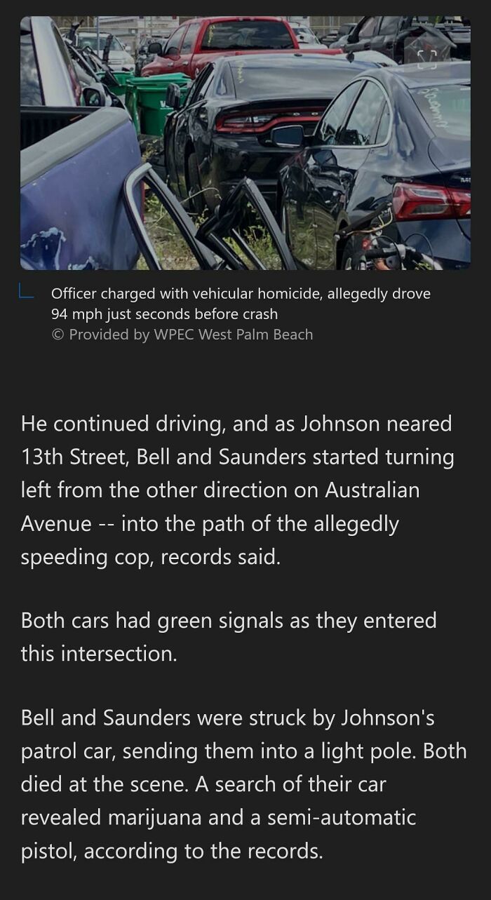 A damaged car at a crash scene involving an officer charged with vehicular homicide, highlighting public outrage online.