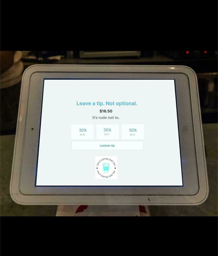 Tablet screen displaying tipping options with a message urging patrons to tip, illustrating online frustrations.